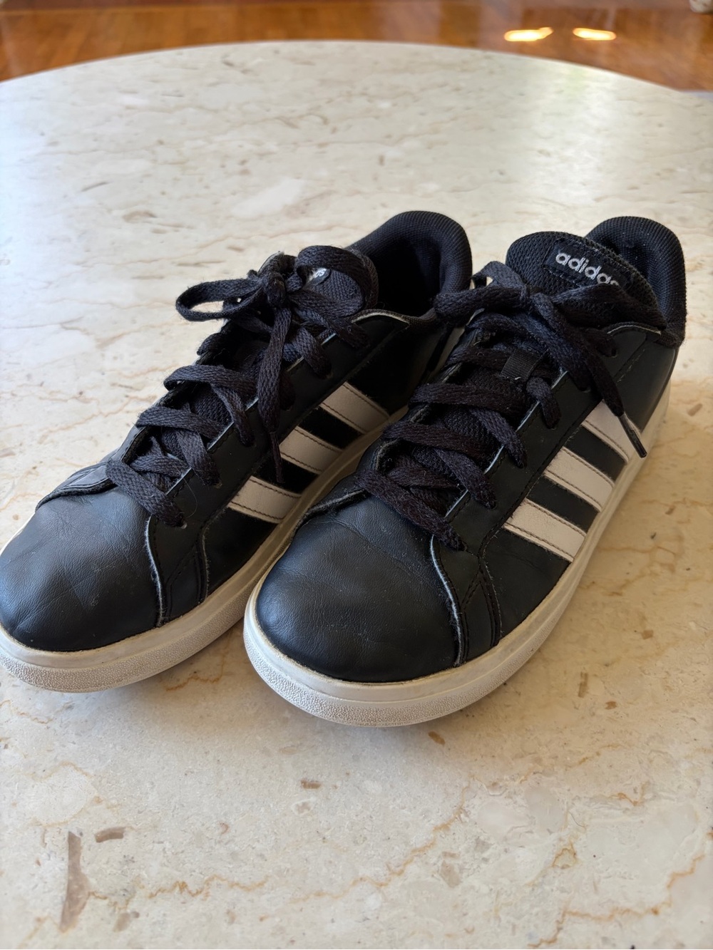 Size 5Y Adidas Kids Black Sneakers with White Stripes and Lace-Up